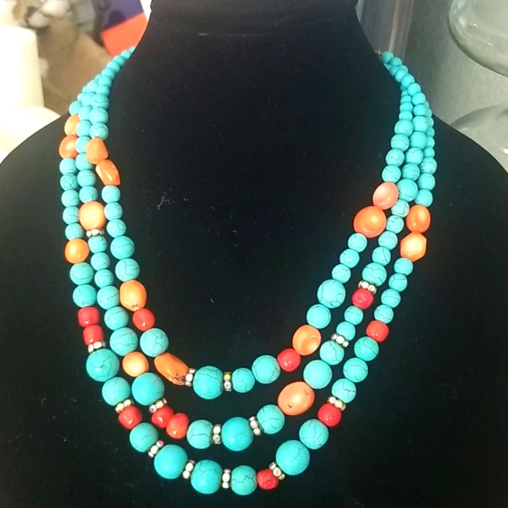 BOHO Style Cracked Turquoise Multi Strand Necklace